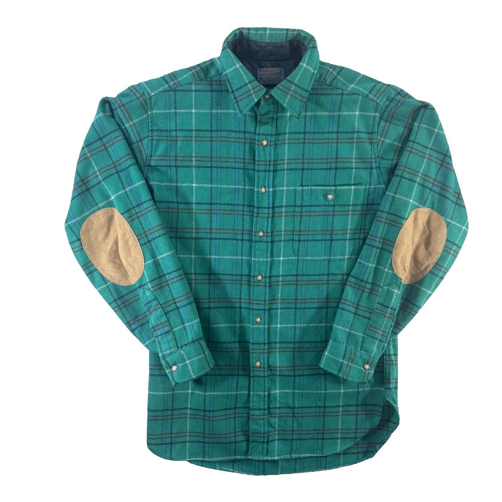 Vintage Pendleton Shirt Mens Medium Green Plaid Wool Flannel Elbow Patches USA